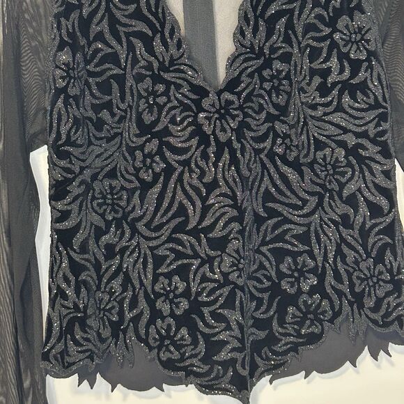 Tadashi‎ Vintage Black Velvet Beaded Formal Top Mesh Sleeves XL Stretch Elegant - Picture 2 of 9